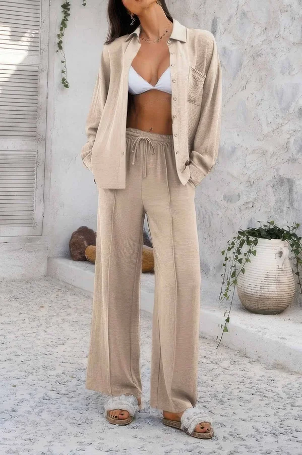 matching set Two Pieces Solid Button Down Blouse Pant Sets Beige / XL DiscountDressShop $55