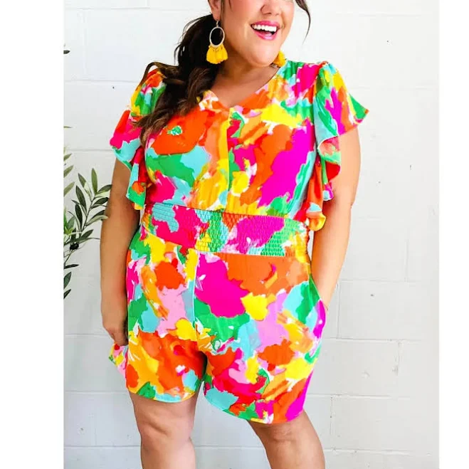 romper Under The Sun Abstract Floral Smocked Waist V-Neck Flutter Sleeve Romper TikTok Shop $22