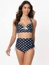 bikini Unique Vintage Retro Pinup Navy and White Polka Dot High-Waist Bikini Top Poshmark $40