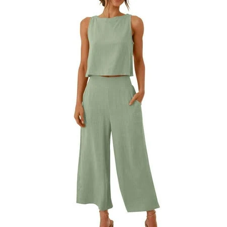 matching set Uppada Womens Linen 2 Piece Outfits Sleeveless Crop Tank Top Capri Wide Leg Pants Sets Casual Matching Lounge Set Linen Sets Walmart - UPPADA Fashion $23.09