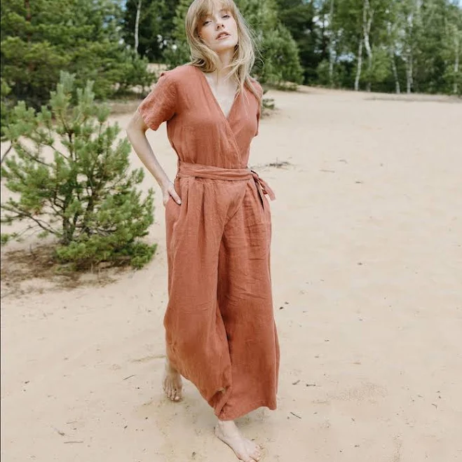 romper V-Neck Short Sleeve Wrap Culottes Leg Linen Jumpsuit Etsy - Seller $176.29
