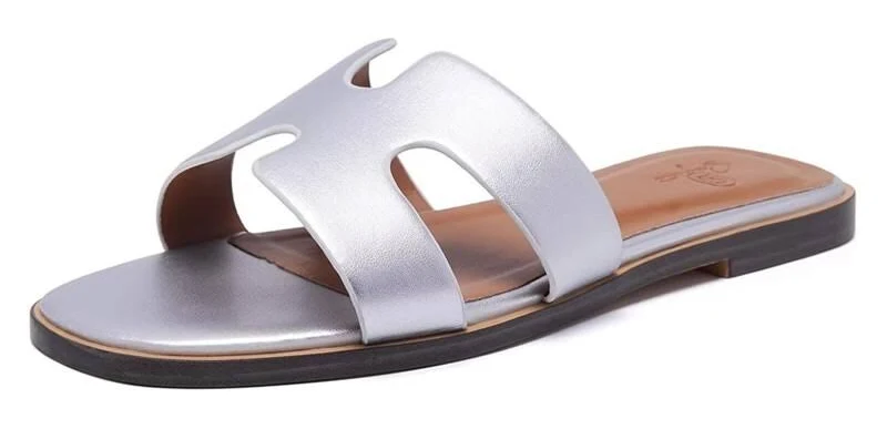 shoes Vegan Leather Metallic Silver Flat Slip On Sandals Size 8 eBay - xtremeshopr $34.99