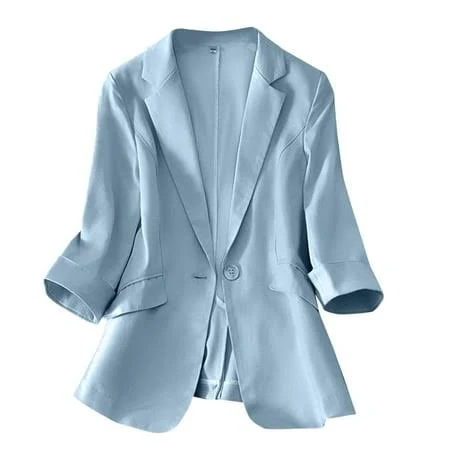 outerwear Vigerkar Linen Blazer Women Summer Lightweight Casual One Button Linen Work Jackets Lapel 3/4 Sleeve Blazer for Women Trendy Sky Blue, L, Women's, Walmart - HaoBing Shop $27.75