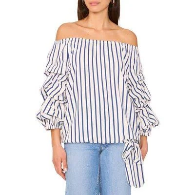 off-shoulder top Vince Camuto Stripe Off the Shoulder Linen Blend Bubble Sleeve Top in Denim Navy at Nordstrom, Size X-Large Stylight Inc. $69