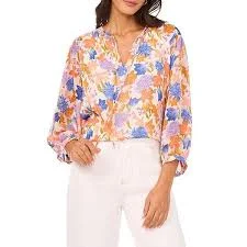 top Vince Camuto Woven Floral Print V-Neck Tie Peasant Sleeve Blouse, XL - Soft Cream Instacart $89