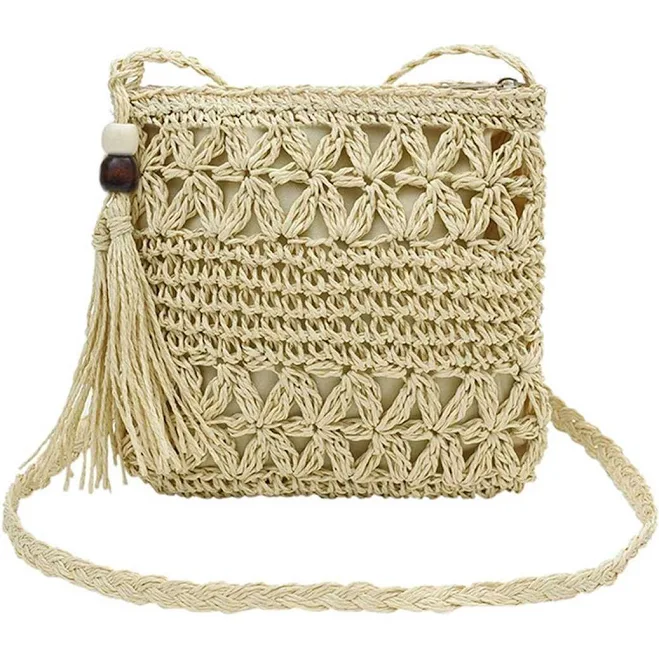 bag Vintage Straw Crossbody Bag with Wooden Beads Retro Stage $17.99