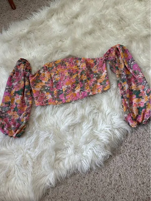 top Wild Fable Tops | Wild Fable Pink Multi Floral Off-Shoulder Smocked Crop Top With Puff Sleeves | Color: Green/Pink | Size: L | Jesskerley's Closet Poshmark $15