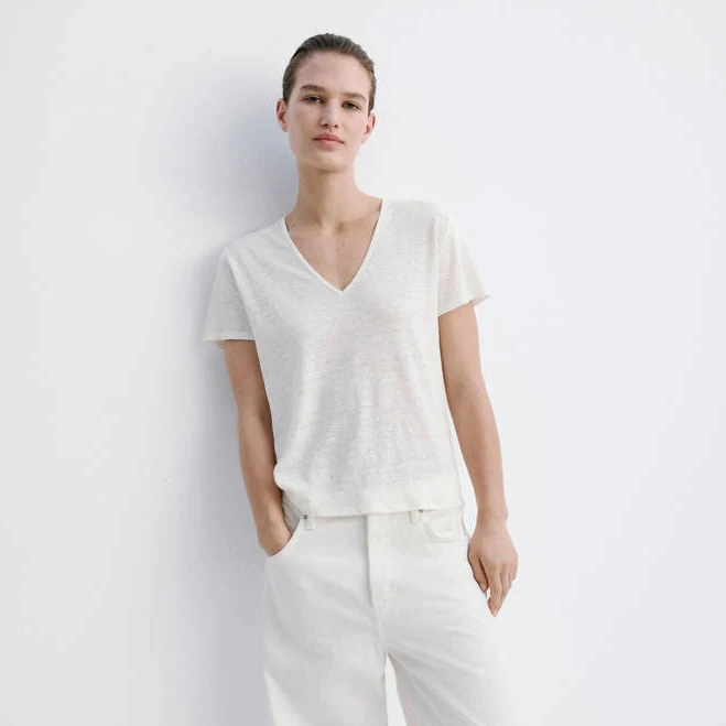 top Woman Mango v-neck linen t-shirt shop.mango.com $45.99