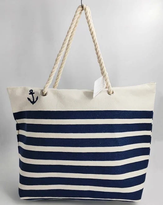 bag Women Large Tote Bag with Rope Handles, Navy Striped Swim Pool Bag Large Tote, Arts and Crafts Beach Tote Bag BBCrafts $6.99