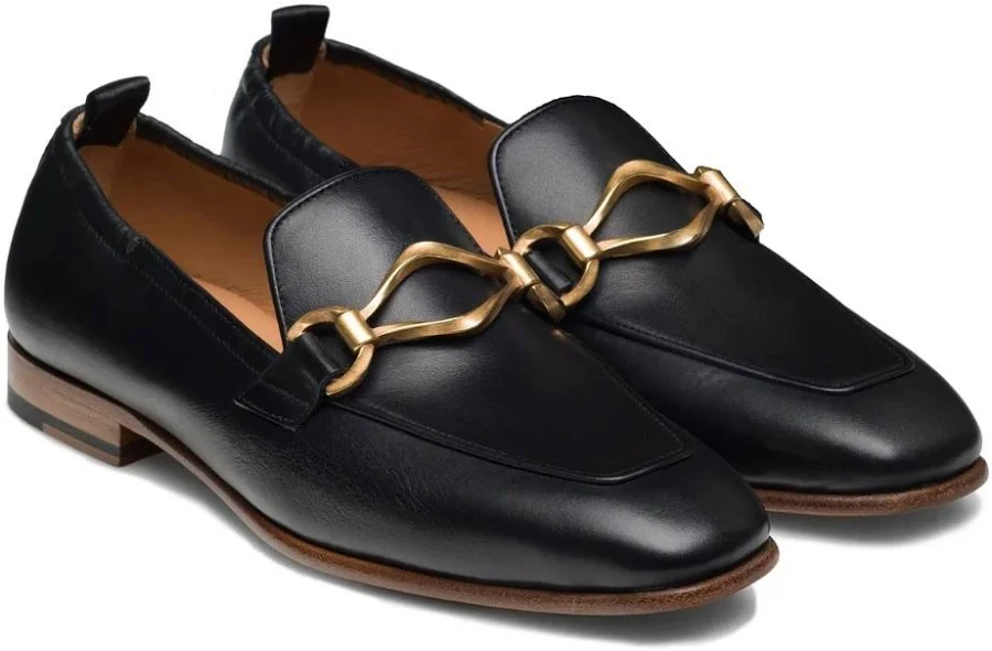 shoes Women's Black Leather Loafers with Gold Chain Slip On Dress Shoes Leather Aesthetics $195