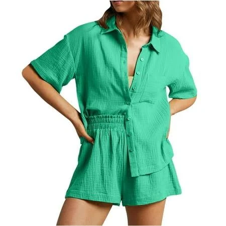 matching set Women's Casual Linen Short Sleeve Button Down Shirt Shorts Outfit Walmart - gjutow $15.99