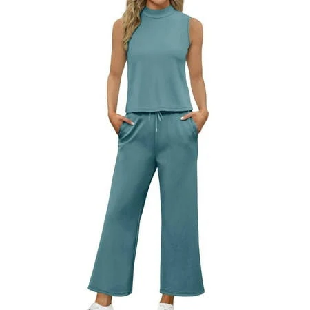 outfits Women's Casual Two Piece Set with Mock Neck and Wide Leg Crop Pants Walmart - Z Lgmexo $26.99