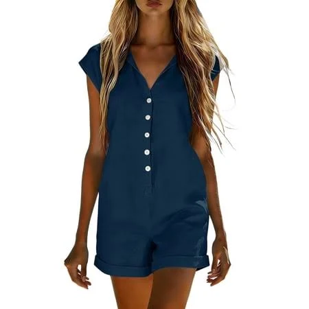 romper Women's Cotton Linen Rolled Cuff Short Sleeve Romper Walmart - qipepei $12.38