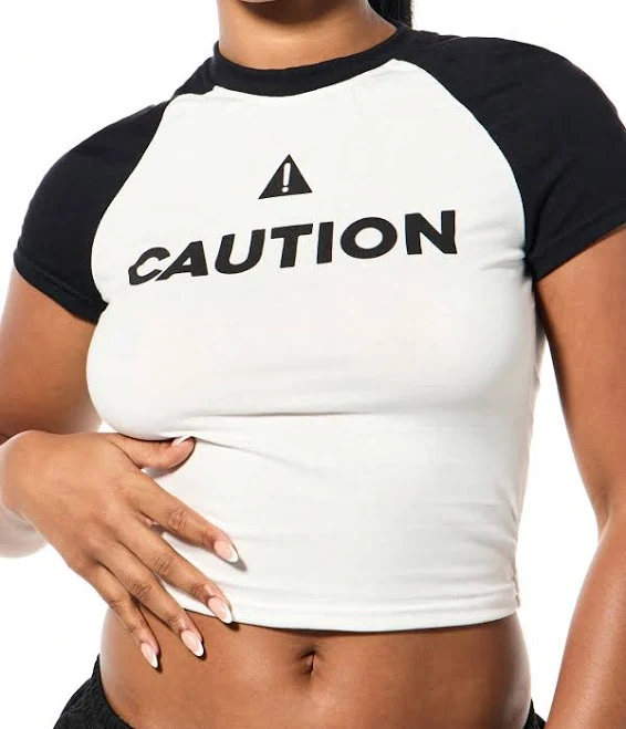 top Women's Cropped Raglan Sleeve Caution Print Tee Shein $7.24