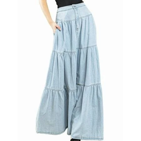 maxi skirt Women's Denim Maxi Skirt High Waisted Tiered Button Front Light Blue XL Walmart - Muse $38.17