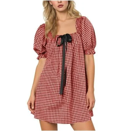 dress Women's Gingham Puff Sleeve Babydoll Dress with Bow Decor Walmart - Bpmpbo E-Commerce $9.12