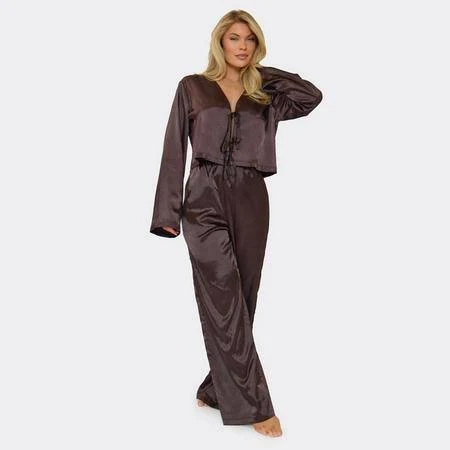 matching set Women's Long Sleeve Tie Front Satin Shirt and Wide Leg Trouser Set EGO Shoes US $19