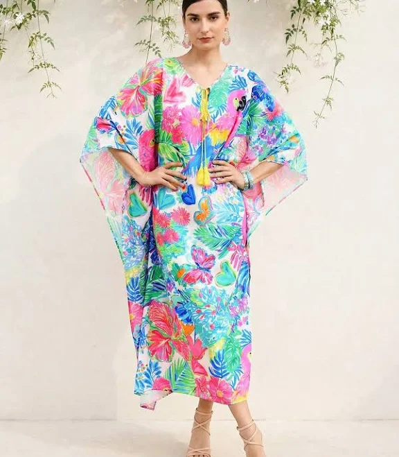 dress Women's Oversized V-Neck Batwing Sleeve Tropical Floral Parrot Print Kaftan Shein $28.22