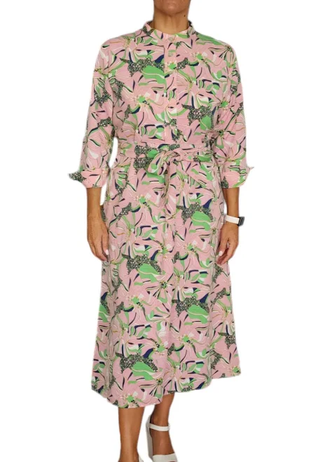 dress Women's Pink Green Floral Print Button Up Cotton Midi Dress With Belt eBay $80.91