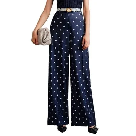 pants Women's Polka Dots Wide Leg Tailored Pants High Waisted Belted Loose Trousers with Pockets Navy Blue M, Size: Medium Walmart - heimeicafe $30.87