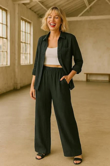 matching set Women's Pure Linen Button Down Shirt and Wide Leg Pants Etsy - TuluaWear $42.41