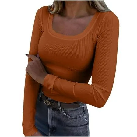 crop top Women's Ribbed Knit Long Sleeve Square Neck Shirt Walmart - XinTops $12.56