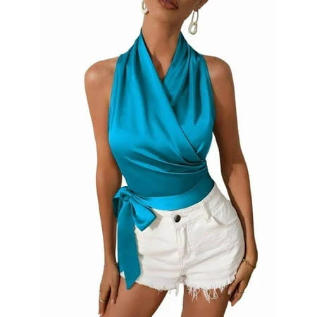 crop top Women's Satin Blouse Wrap V Neck Sleeveless Tie Side Summer Elegant Crop Tops Blue S, Size: Small Walmart - CCsndice $16.77