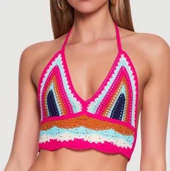 halter top Women's Scalloped Hem Crochet Halter Crop Top Rainbow Shops $14.97