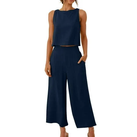 two piece set Women's Sleeveless Crop Top and Wide Leg Pants Set Walmart - UPPADA Fashion $22.19
