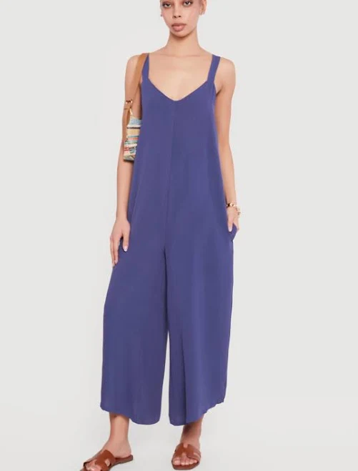 jumpsuit Women's Sleeveless V Neck Crepe Knit Wide Leg Jumpsuit Rainbow Shops $10.79