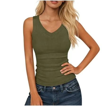 top Women's Slim Fit V-Neck Ribbed Knit Tank Tops Walmart - YUGYXL $9.1