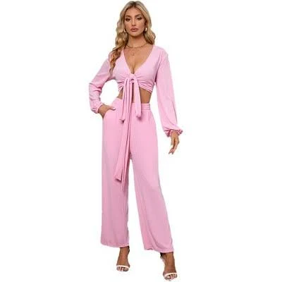 matching set Women's Textured Tie Front/Side Crop Top and Palazzo Pants Set Target $52.99