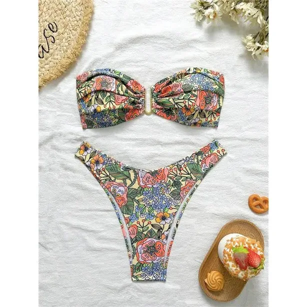 two piece set Women's Tropical Print Bandeau Bikini Set TikTok Shop $19.82