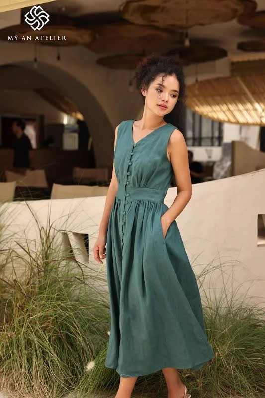 dress Women's V-Neck Linen Midi Dress Etsy - MyAnAtelierVN $179.1