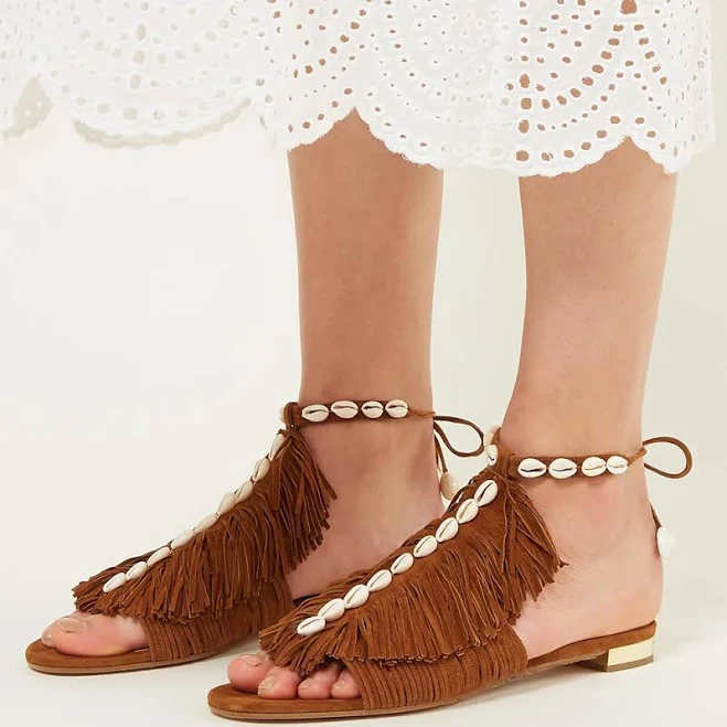shoes Women's Vegan Suede Fringe Ankle Strap Flat Sandals fsjshoes $102