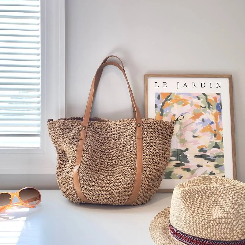 bag Woven Straw Beach Tote Bag with Vegan Leather Straps Etsy - Seller $44.99