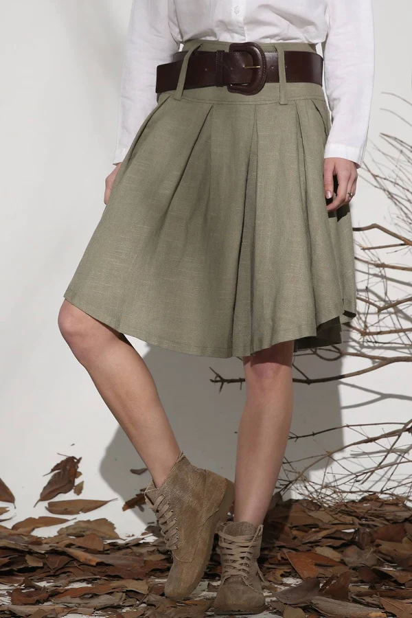 skirt xiaolizi Sage Green Linen Cotton Pleated Skirt with Irregular Hem and Pockets XiaoLizi $79
