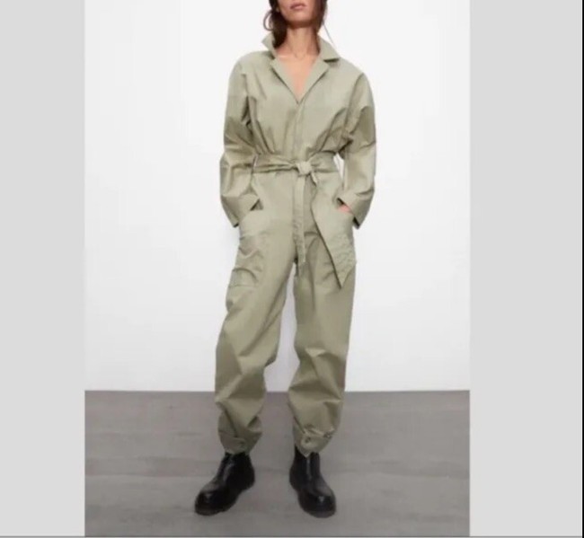 baggy oversized outfit Zara Khaki Green V-Neck Belted Oversized Utility Jumpsuit XS eBay $29