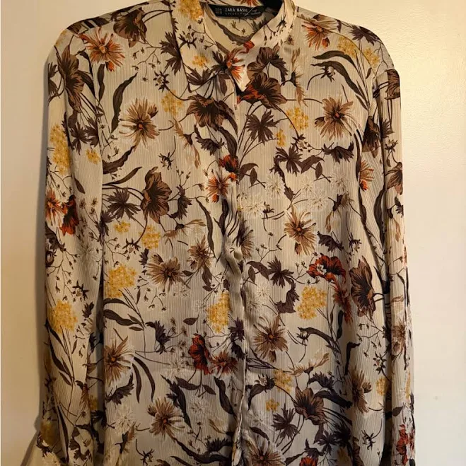 top Zara Tops | Zara Floral Button-Up Blouse In Cream, Brown And Mustard | Color: Brown/Cream | Size: M | Stylelounge's Closet Poshmark $10