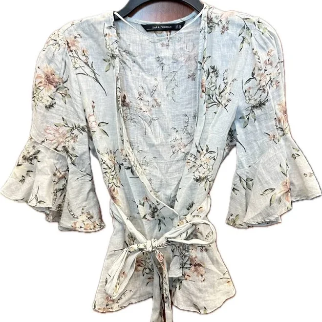 blouse Zara Tops | Zara Floral Linen Wrap Blouse - Cream, Pink And Green | Color: Cream/Green | Size: Xs | Eobklyn12's Closet Poshmark $20