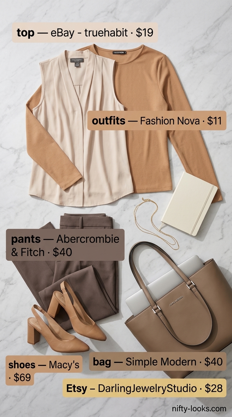 Modern Minimalist: Professional Summer Office Outfits 2026 Beige wide-leg trousers with off-white sleeveless top and tan pumps for professional summer office outfits for women 2026.