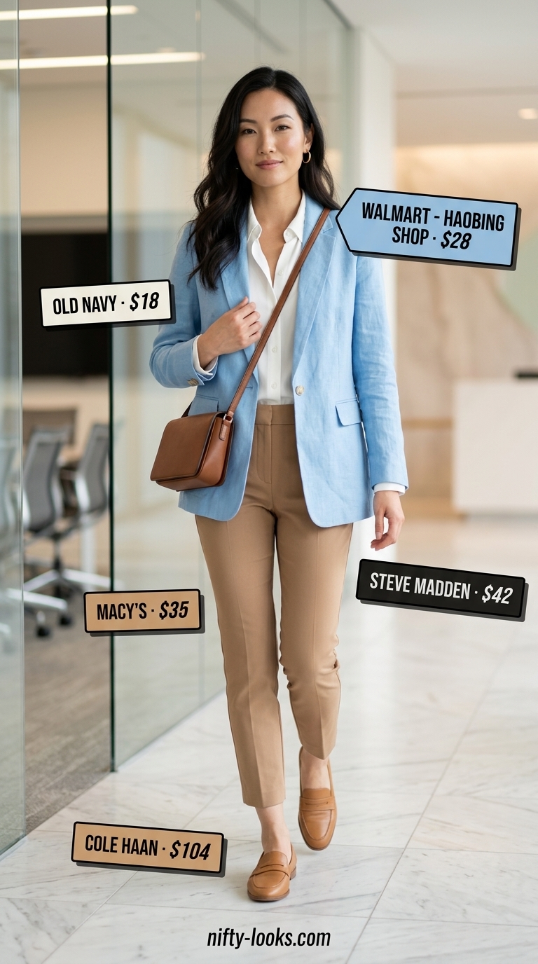 Classic Summer Business Casual: Professional Office Outfits 2026 Sky blue blazer with white shirt and camel trousers for professional summer office outfits for women 2026.