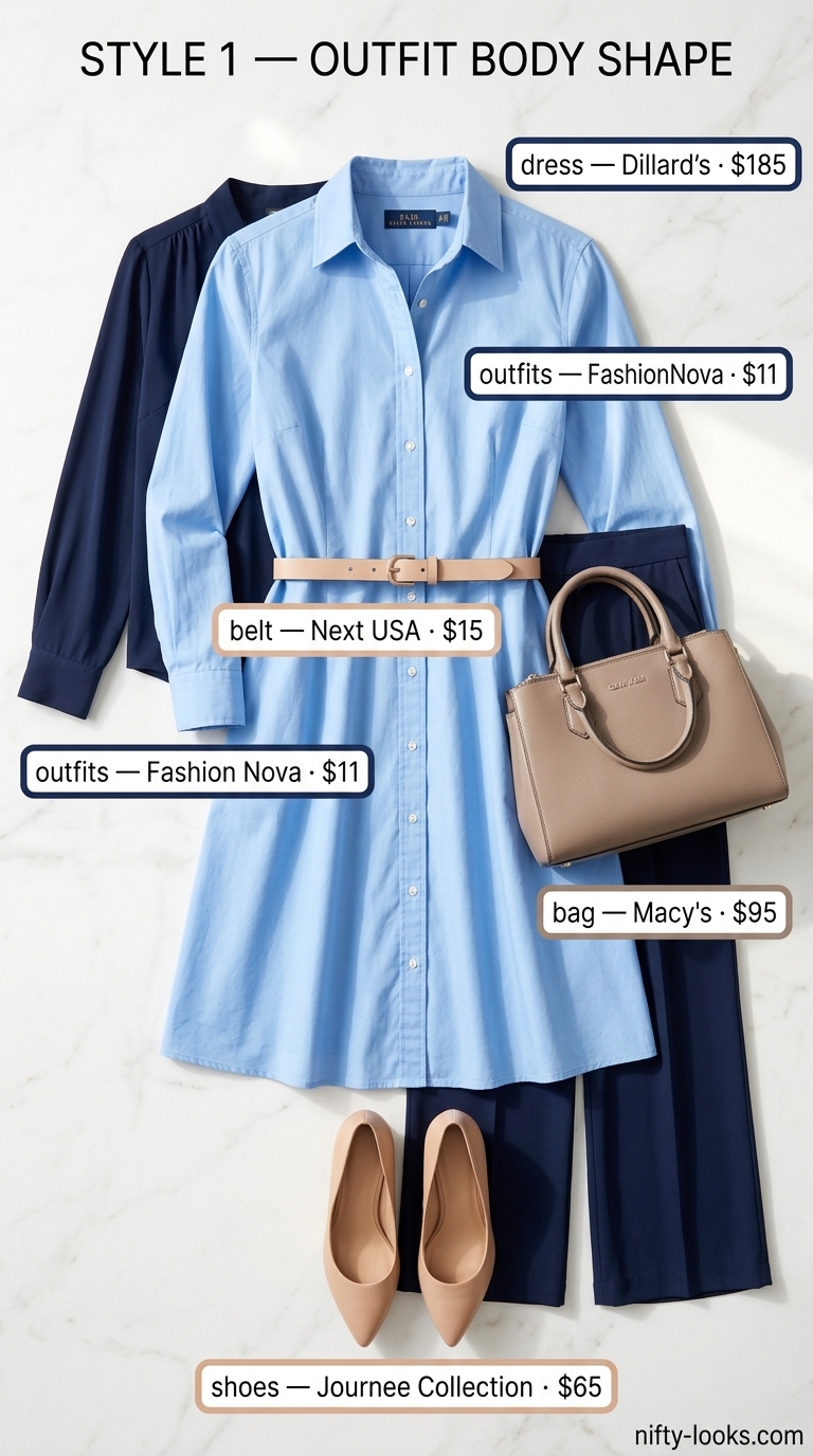 Classic Summer Office Chic: Professional Outfits 2026 Sky blue shirt dress with navy belt and block heel mules for professional summer office outfits for women 2026.