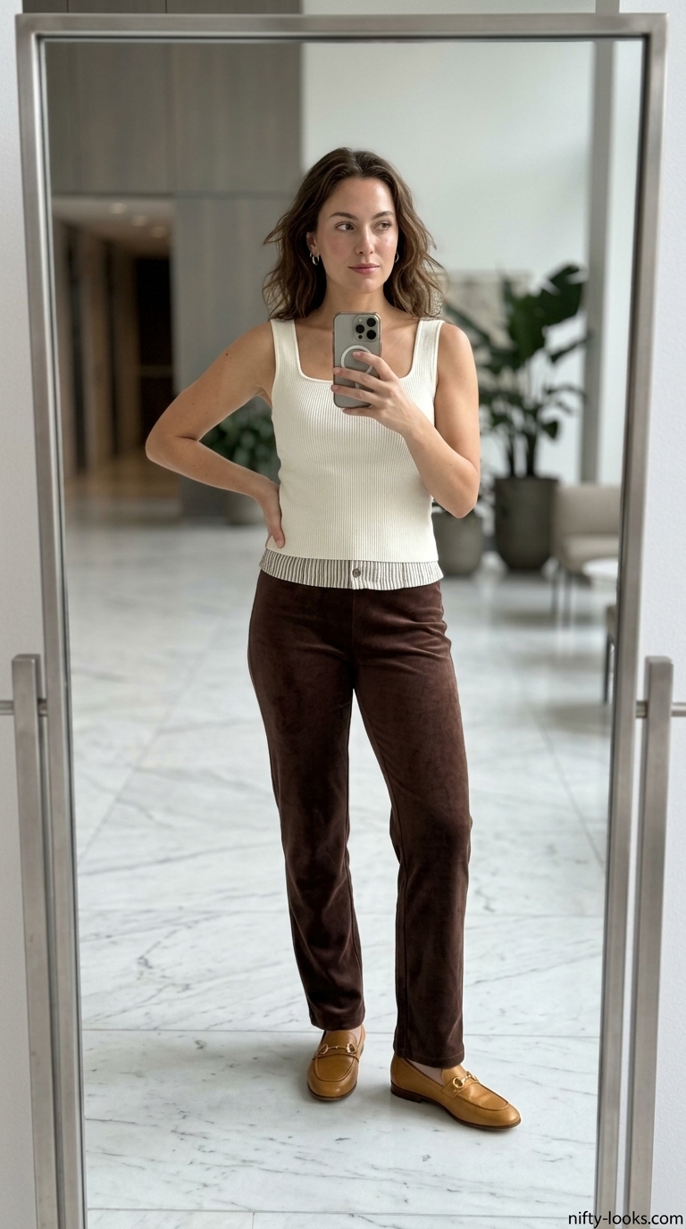 Earthy Tones: Professional Summer Office Outfits 2026 Chocolate brown trousers with ivory tank top and leather loafers for professional summer office outfits for women 2026.