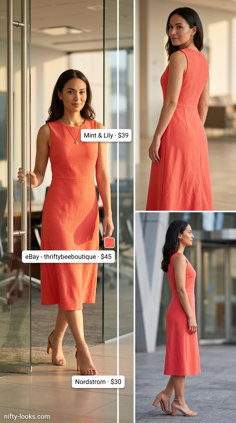 Coral Charm: Professional Summer Office Outfits 2026 Coral A-line midi dress with nude block heels and cream shoulder bag for professional summer office outfits for women 2026.