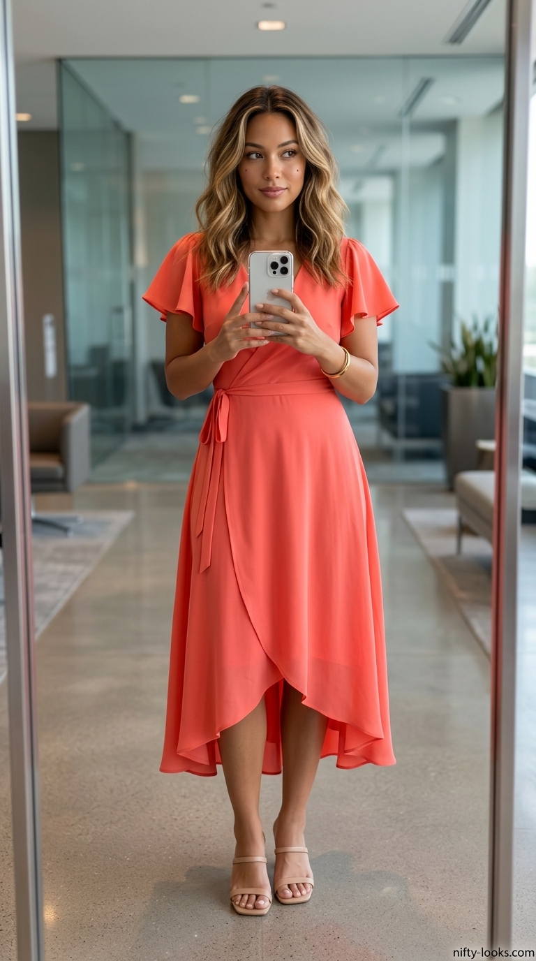 Professional Summer Office Outfits 2026: Coral Dress Professional summer office outfits for women 2026: Coral wrap dress, nude sandals, gold jewelry.