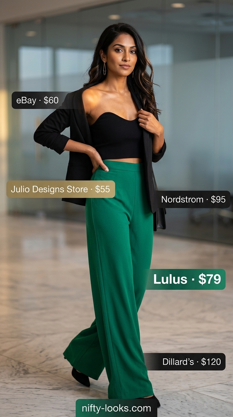 Powerful Summer Office Outfits 2026 Professional summer office outfits for women 2026: Emerald green jumpsuit with black blazer for a powerful look.