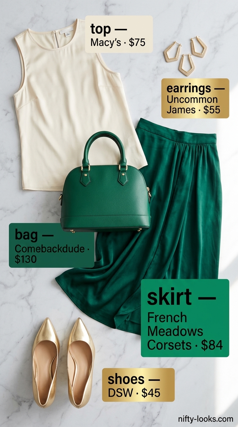 Emerald Elegance: Professional Summer Office Outfits 2026 Emerald green pencil skirt with cream top and nude pumps for professional summer office outfits for women 2026.