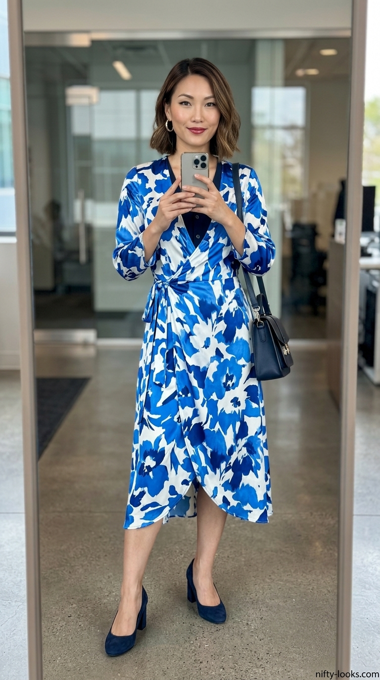 Professional Summer Office Outfits 2026: Floral Dress Professional summer office outfits for women 2026: Floral midi dress, navy pumps, silver earrings.