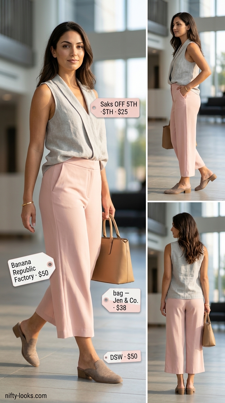 Chic Summer Office Outfits 2026 Professional summer office outfits for women 2026: Light grey pants, blush pink vest top, and off-white mules.